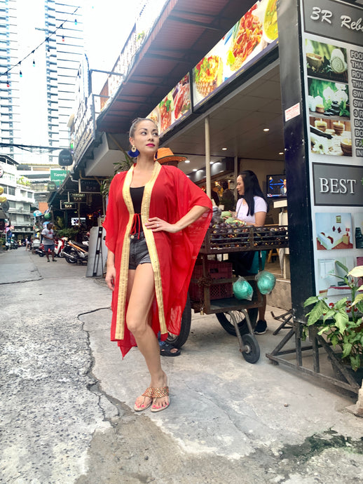 Rabia glamorous red chiffon gold saree trimmed long womens beachwear resort wear beach kaftan