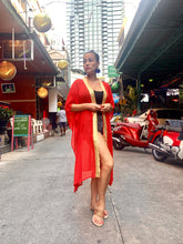 Load image into Gallery viewer, Rabia glamorous red chiffon gold saree trimmed long womens beachwear resort wear beach kaftan