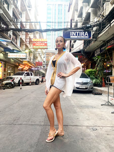 Isadora white crepe chiffon gold trimmed petite womens beachwear beach kaftan