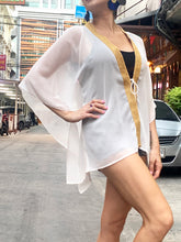 Load image into Gallery viewer, Isadora white crepe chiffon gold trimmed petite womens beachwear beach kaftan