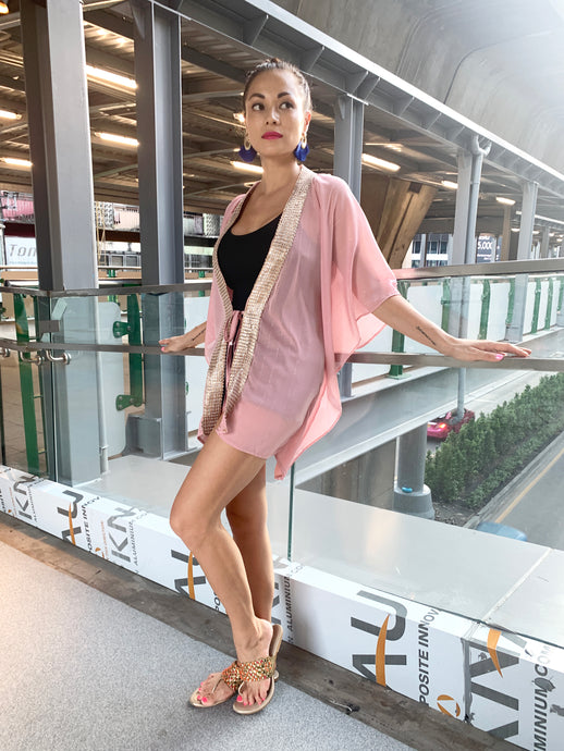 Katya blush lurex chiffon rose gold silver saree trim womens beachwear beach kaftan