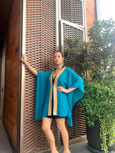 Load image into Gallery viewer, Saira teal crepe chiffon gold saree trim womens beachwear resort wear beach kaftan