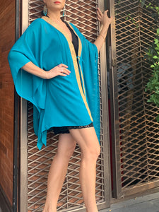 Saira teal crepe chiffon gold saree trim womens beachwear resort wear beach kaftan