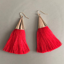 Load image into Gallery viewer, Cersei boho chic tassel earrings with gold accents in red