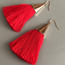 Load image into Gallery viewer, Cersei boho chic tassel earrings with gold accents in red