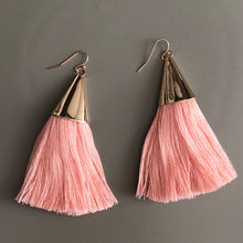 Load image into Gallery viewer, Cersei boho chic tassel earrings with gold accents in peach
