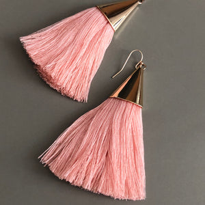 Cersei boho chic tassel earrings with gold accents in peach