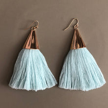Load image into Gallery viewer, Cersei boho chic tassel earrings with gold accents in mint