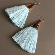 Load image into Gallery viewer, Cersei boho chic tassel earrings with gold accents in mint