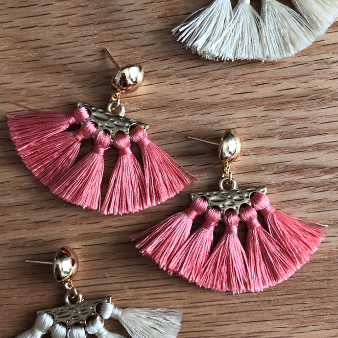 Sieva mini tassel fan boho chic earrings in coral