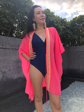 Load image into Gallery viewer, Ixchel bright bold colourful neon pink neon orange tassel trimmed womens beachwear beach kaftan