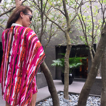Load image into Gallery viewer, Pandaia abstract stripes bold pink multicoloured hand sewn beaded trim womens beachwear resort wear beach kaftan
