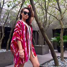 Load image into Gallery viewer, Pandaia abstract stripes bold pink multicoloured hand sewn beaded trim womens beachwear resort wear beach kaftan