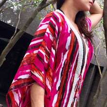 Load image into Gallery viewer, Pandaia abstract stripes bold pink multicoloured hand sewn beaded trim womens beachwear resort wear beach kaftan