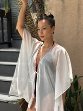 Load image into Gallery viewer, Candis womens beachwear beach kaftan in white lurex chiffon and sequin trim