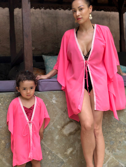 Pixie hot pink chiffon crystal trimmed kids beachwear resort wear beach kaftan in a matching mommy and me set
