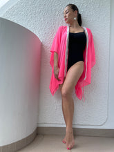 Load image into Gallery viewer, Nikani neon pink beach kaftan with sequin, rhinestone, and tassel trim