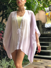 Load image into Gallery viewer, Neris pale lilac lurex chiffon silver white ribbon trimmed womens beachwear resort wear beach kaftan