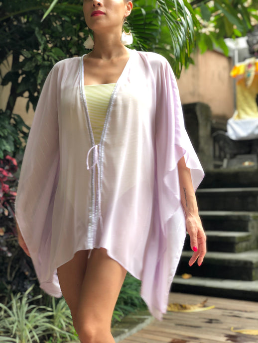 Neris pale lilac lurex chiffon silver white ribbon trimmed womens beachwear resort wear beach kaftan
