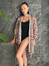 Load image into Gallery viewer, Tari sheer leopard print gold speck gold chain trimmed womens beachwear resort wear beach kaftan