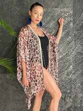 Load image into Gallery viewer, Tari sheer leopard print gold speck gold chain trimmed womens beachwear resort wear beach kaftan