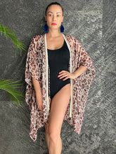 Load image into Gallery viewer, Tari sheer leopard print gold speck gold chain trimmed womens beachwear resort wear beach kaftan