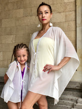 Load image into Gallery viewer, Neris white lurex chiffon silver white ribbon trimmed kids beachwear resort wear beach kaftan in a matching mommy and me set