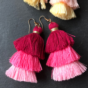 Midi Deewani tiered boho tassel ombre earrings in pink ombre