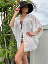 Load image into Gallery viewer, Leighrie white lurex chiffon with handsewn beaded trim womens beachwear resort wear beach kaftan