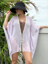 Load image into Gallery viewer, Leighrie pale lilac lurex chiffon with handsewn beaded trim womens beachwear resort wear beach kaftan