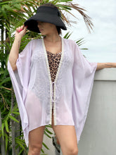 Load image into Gallery viewer, Leighrie pale lilac lurex chiffon with handsewn beaded trim womens beachwear resort wear beach kaftan