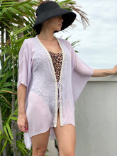 Load image into Gallery viewer, Leighrie pale lilac lurex chiffon with handsewn beaded trim womens beachwear resort wear beach kaftan