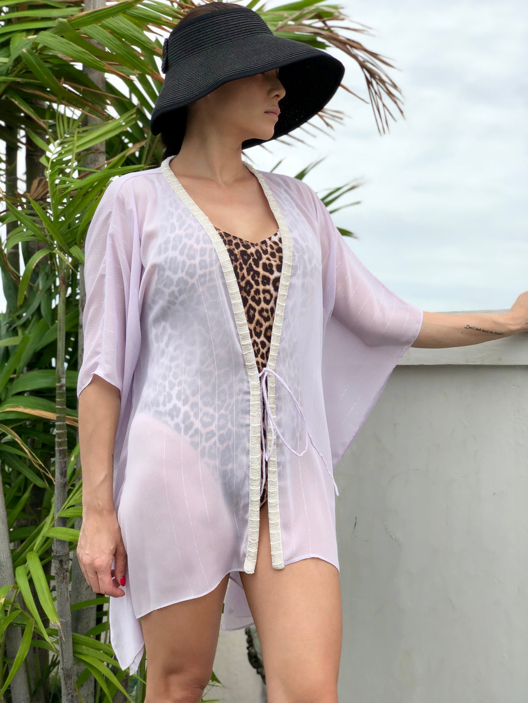 Leighrie pale lilac lurex chiffon with handsewn beaded trim womens beachwear resort wear beach kaftan