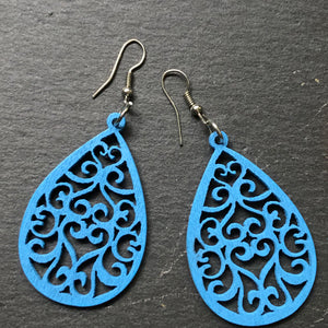 Marni wood hand painted ethnic inspired tear drop dangle earrings in blue
