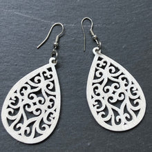 Load image into Gallery viewer, Marni wood hand painted ethnic inspired tear drop dangle earrings in white