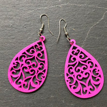 Load image into Gallery viewer, Marni wood hand painted ethnic inspired tear drop dangle earrings in fuchsia