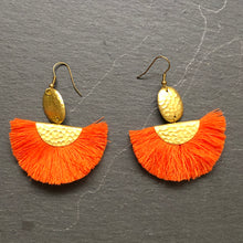 Load image into Gallery viewer, Chenoa boho chic tassel hammered gold earrings in orange
