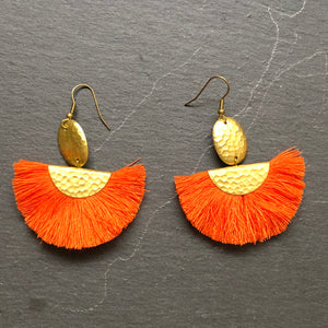 Chenoa boho chic tassel hammered gold earrings in orange