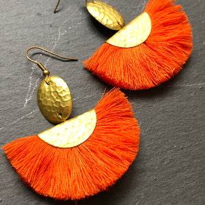 Chenoa boho chic tassel hammered gold earrings in orange