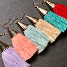 Load image into Gallery viewer, Cersei boho chic tassel earrings with gold accents