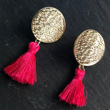 Load image into Gallery viewer, Mahana textured gold tiered mini tassel boho glamorous earrings in fuchsia