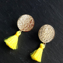 Load image into Gallery viewer, Mahana textured gold tiered mini tassel boho glamorous earrings in yellow