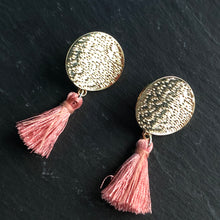 Load image into Gallery viewer, Mahana textured gold tiered mini tassel boho glamorous earrings in blush