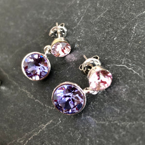 Juvela Swarovski crystal two tone tiered dangle earrings pink and purple