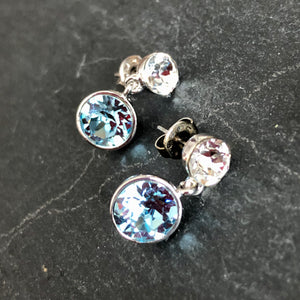 Juvela Swarovski crystal two tone tiered dangle earrings clear and blue