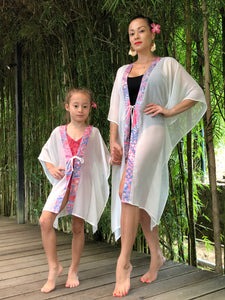 Batifolie Cahya white crepe chiffon batik trimmed long kids beachwear beach kaftan in a mommy and me kaftan set
