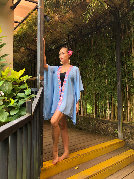Batifolie Cahya powder blue chiffon batik trimmed short womens beachwear beach kaftan in a mommy and me matching kaftan set