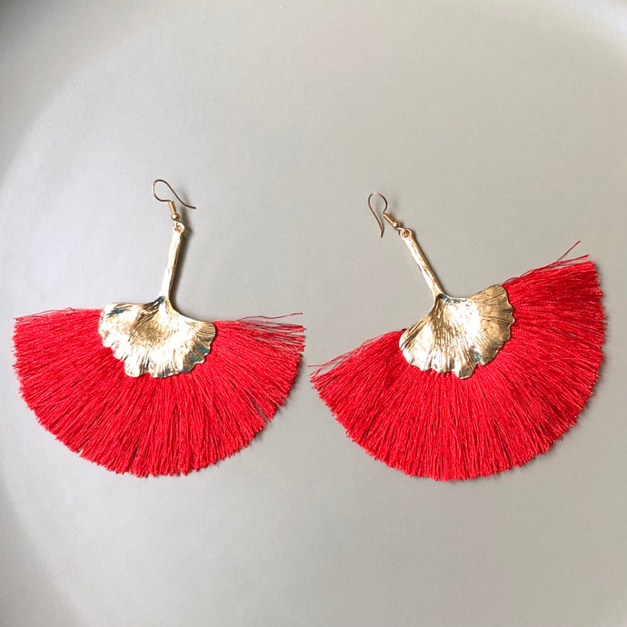 Talan ginko fan tassel boho glamorous earrings in red