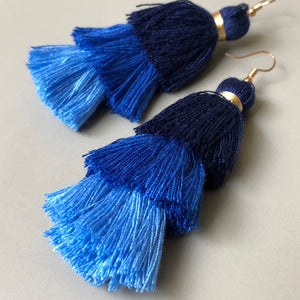Deewani boho chic tiered ombre tassel earrings in blue
