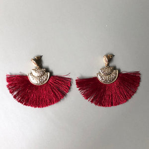 Lightweight wine silk thread fan tassel earrings with textured gold accents
